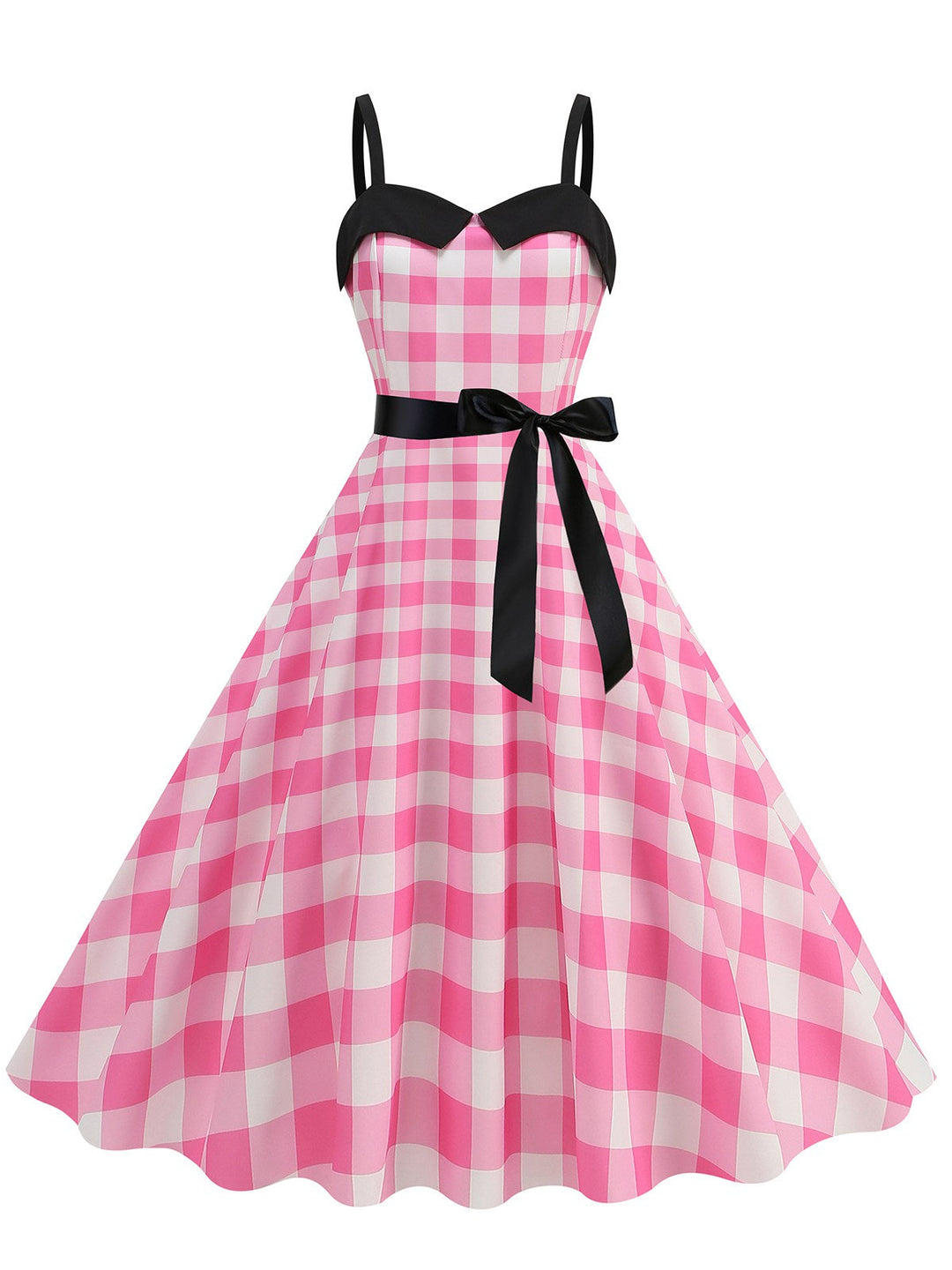 She slips into this Pink 1950s Plaid Patchwork Spaghetti Straps Dress and suddenly it&