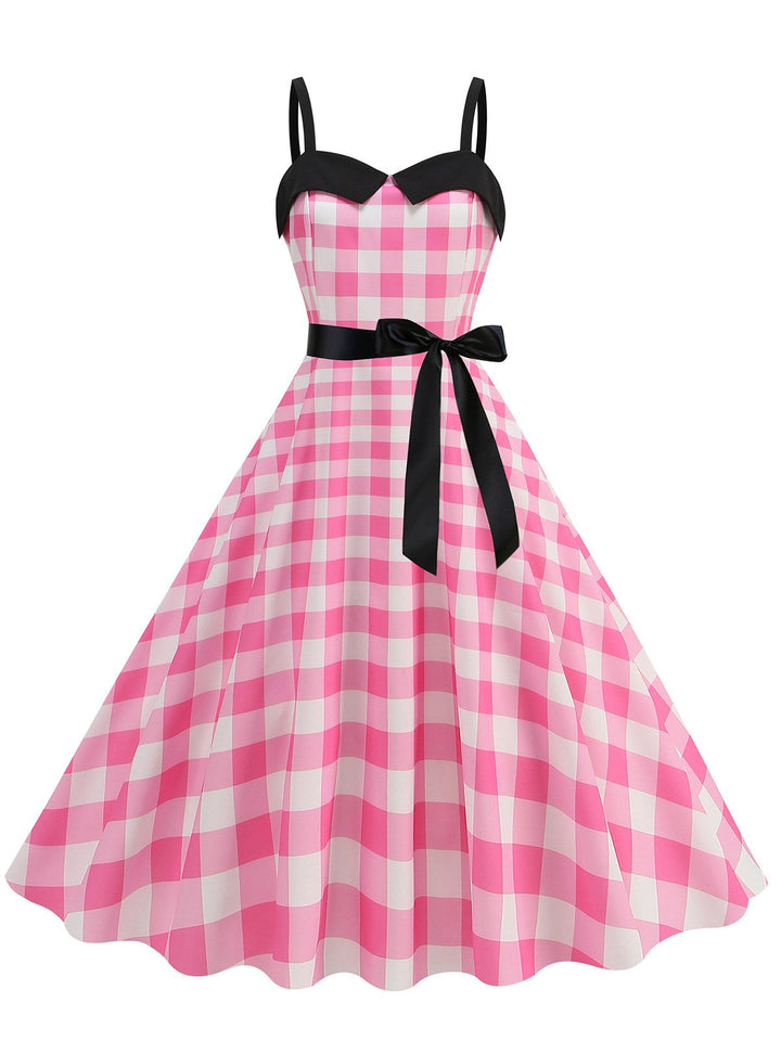 She slips into this Pink 1950s Plaid Patchwork Spaghetti Straps Dress and suddenly it&
