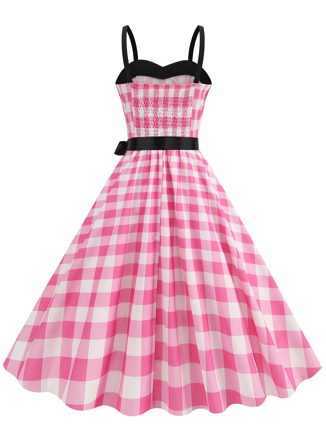 This Pink 1950s Plaid Patchwork Spaghetti Straps Dress wraps her in 1950s elegance, one twirl at a time