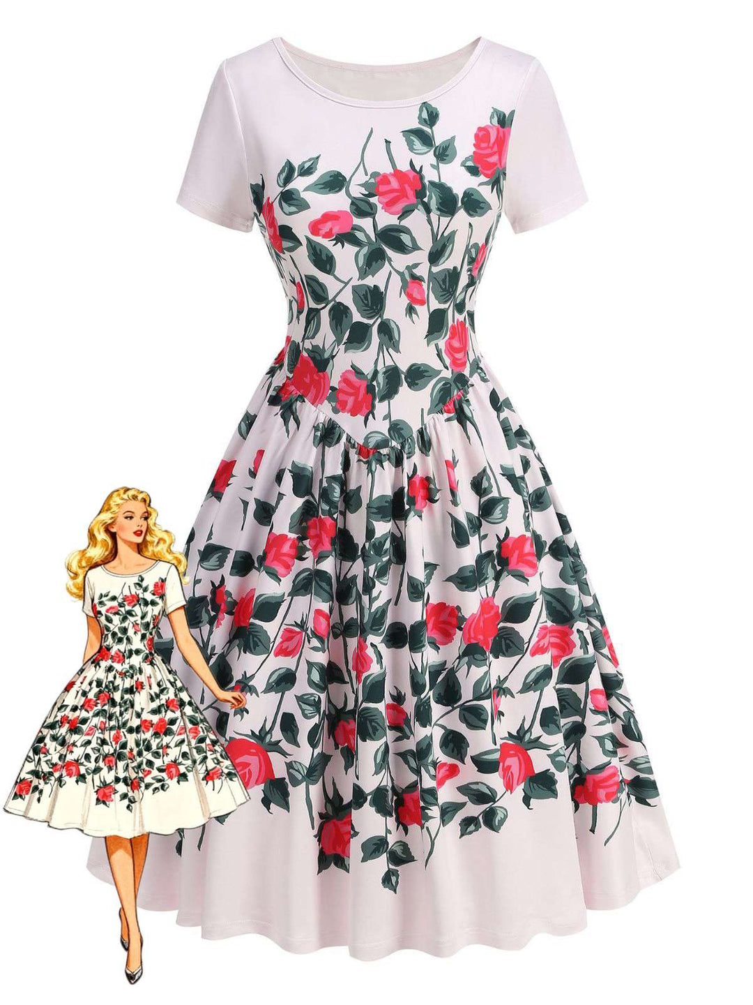 Pink 1950s Rose &amp; Green Leaf Swing Dress - vintage dress, retro fashion, elegant style for vintage lovers