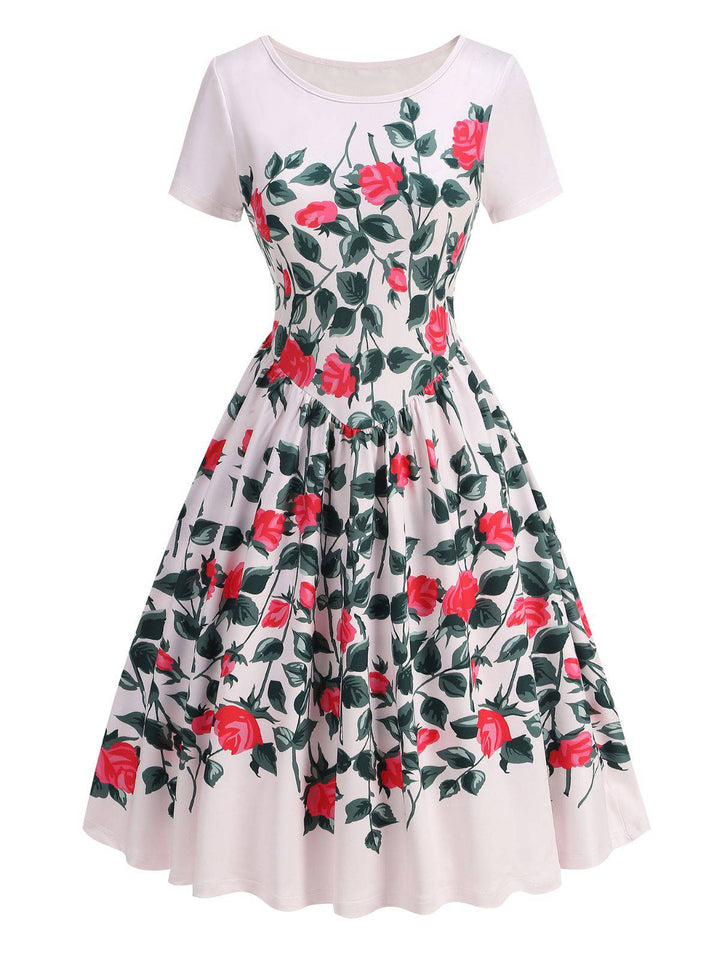 Pink 1950s Rose &amp; Green Leaf Swing Dress: beautiful vintage dress, retro fashion, elegant style with timeless appeal