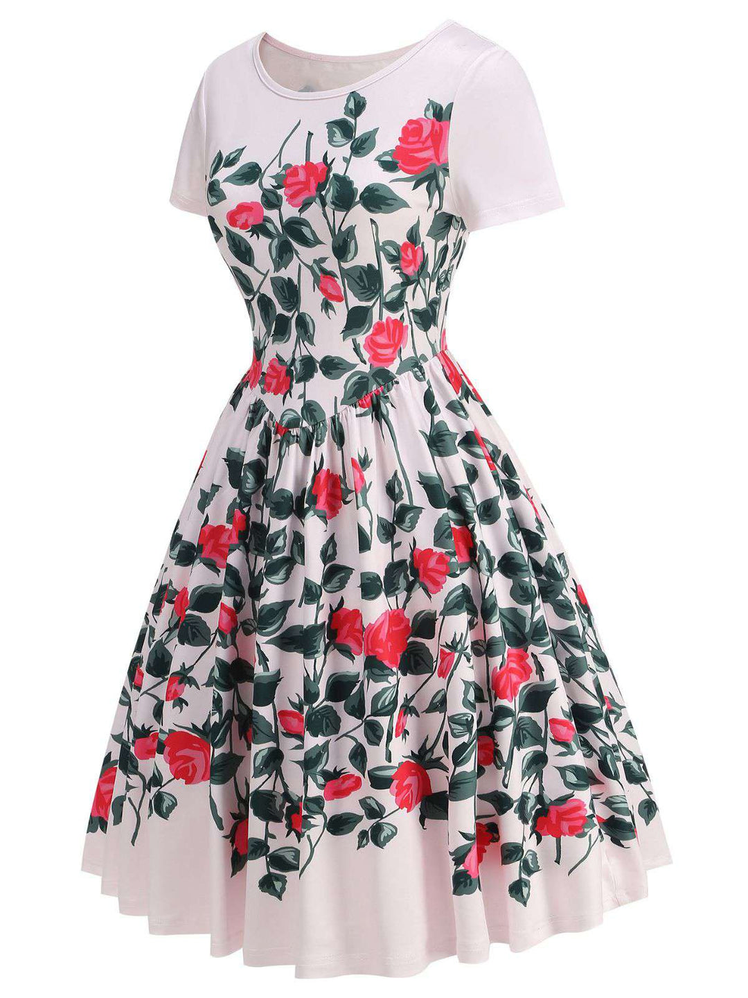 Pink 1950s Rose &amp; Green Leaf Swing Dress | vintage dress, retro fashion, elegant style - perfect for retro fashion enthusiasts