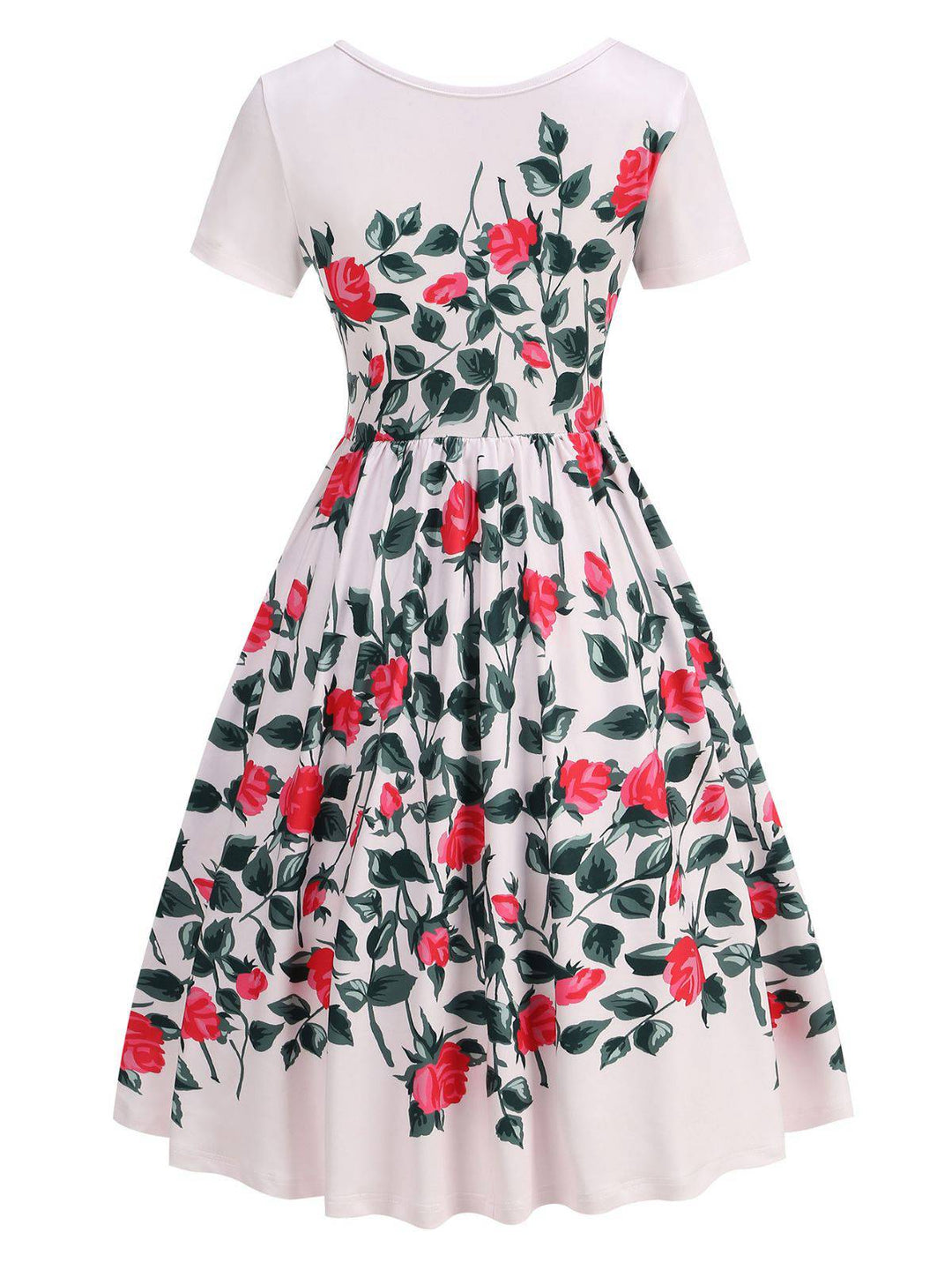 Pink 1950s Rose &amp; Green Leaf Swing Dress - vintage dress, retro fashion, elegant style for vintage lovers