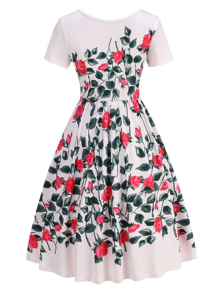 Pink 1950s Rose &amp; Green Leaf Swing Dress - vintage dress, retro fashion, elegant style for vintage lovers