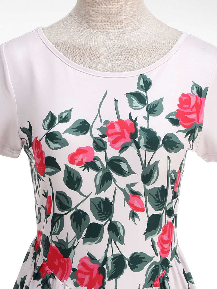 Pink 1950s Rose &amp; Green Leaf Swing Dress: beautiful vintage dress, retro fashion, elegant style with timeless appeal