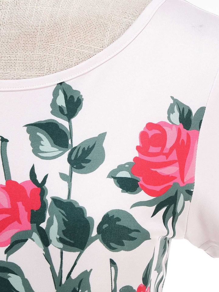 Pink 1950s Rose &amp; Green Leaf Swing Dress | vintage dress, retro fashion, elegant style - perfect for retro fashion enthusiasts