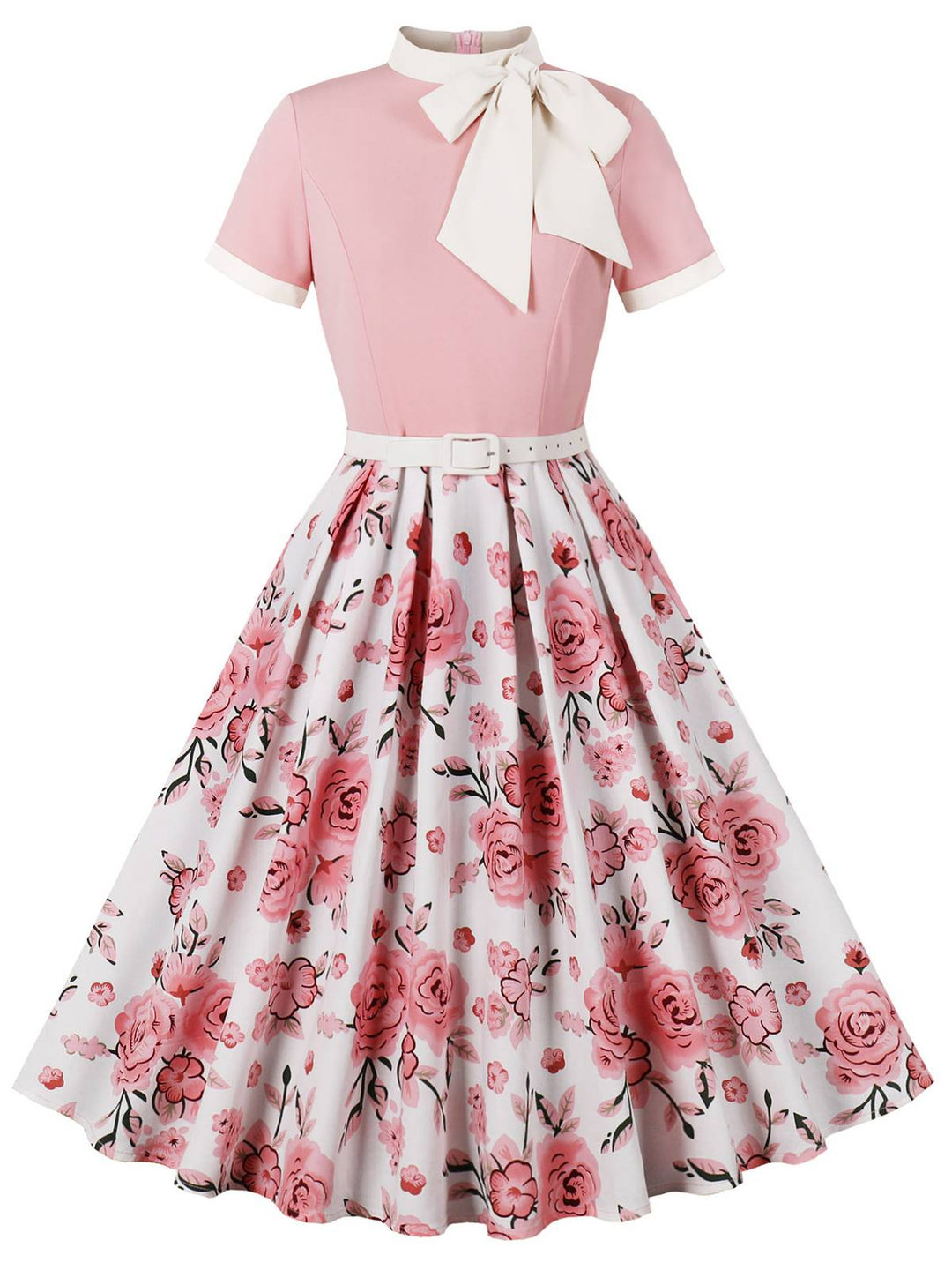She slips into this Pink 1950s Rose Patchwork Tie Collar Dress and suddenly it&