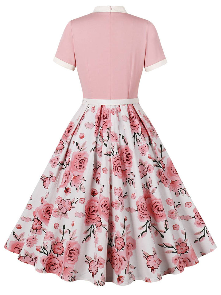 Pink 1950s Rose Patchwork Tie Collar Dress, vintage dress, retro fashion, rockabilly, pin-up fashion - perfect for women who love vintage and retro fashion