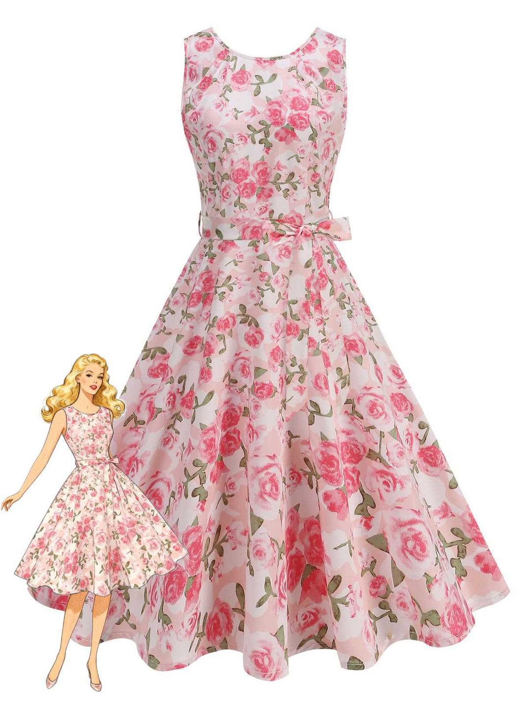 Pink 1950s Round Neck Roses Belted Dress - vintage dress, retro fashion, rockabilly