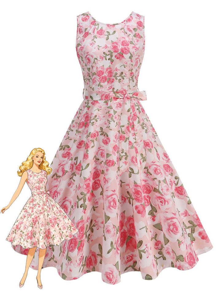 Pink 1950s Round Neck Roses Belted Dress - vintage dress, retro fashion, rockabilly