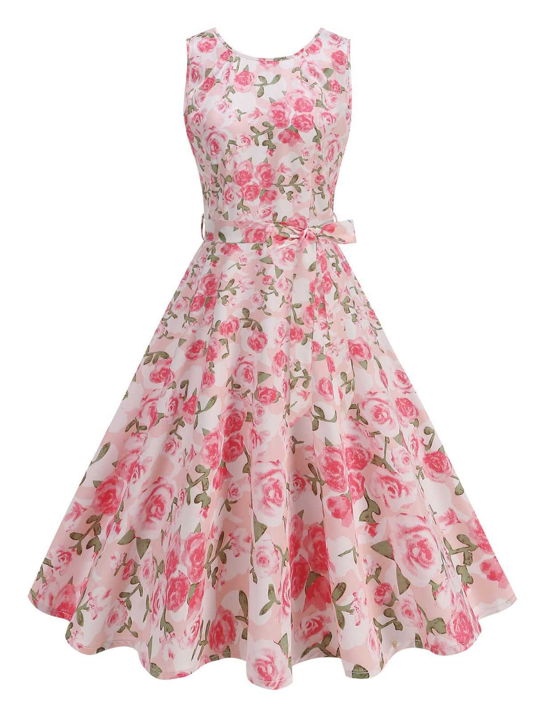 Pink 1950s Round Neck Roses Belted Dress - vintage dress, retro fashion, rockabilly