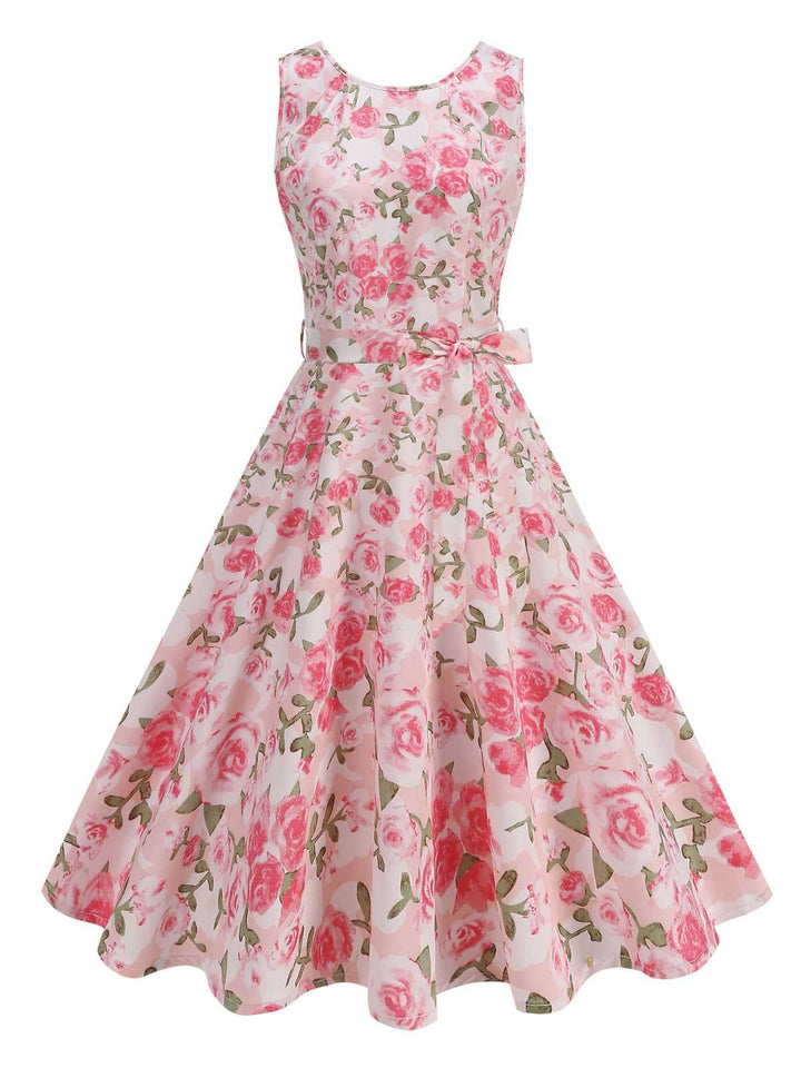 Pink 1950s Round Neck Roses Belted Dress - vintage dress, retro fashion, rockabilly