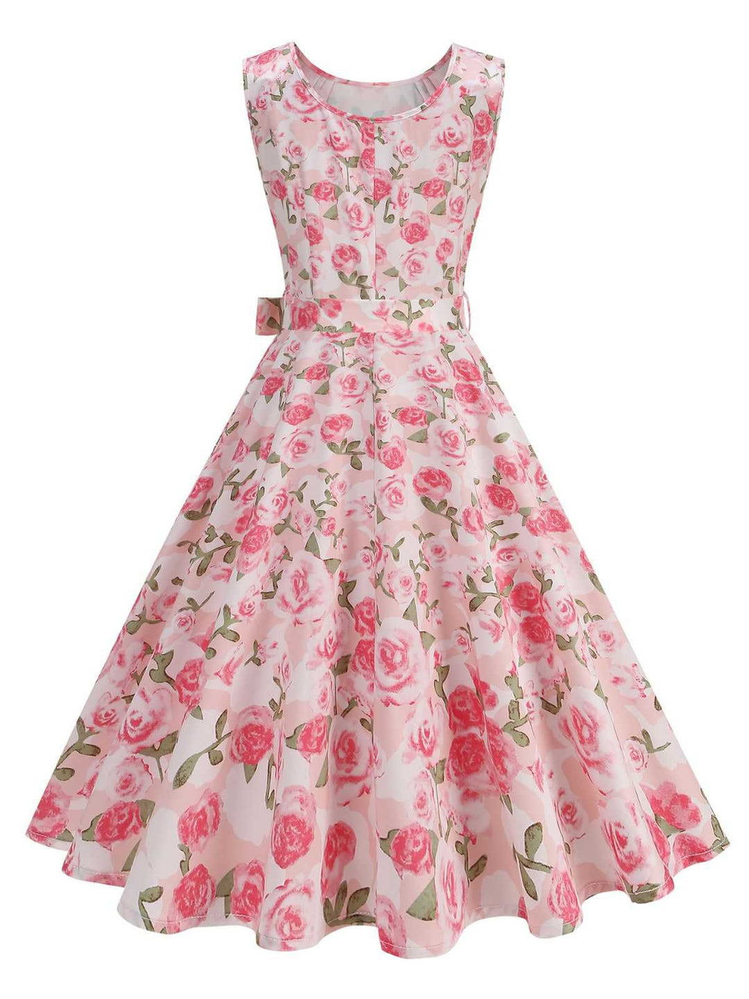 Pink 1950s Round Neck Roses Belted Dress - vintage dress, retro fashion, rockabilly