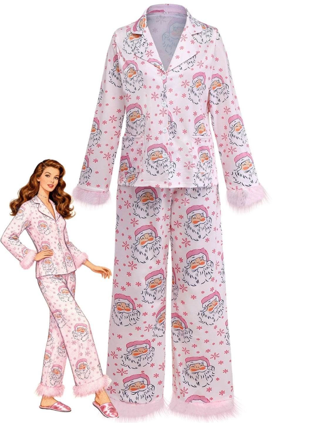 Pink Santa Print Fur Trim Pajama Set - vintage fashion, retro style