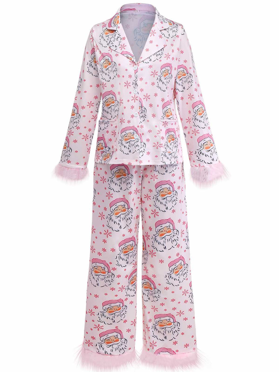 Pink Santa Print Fur Trim Pajama Set - vintage fashion, retro style