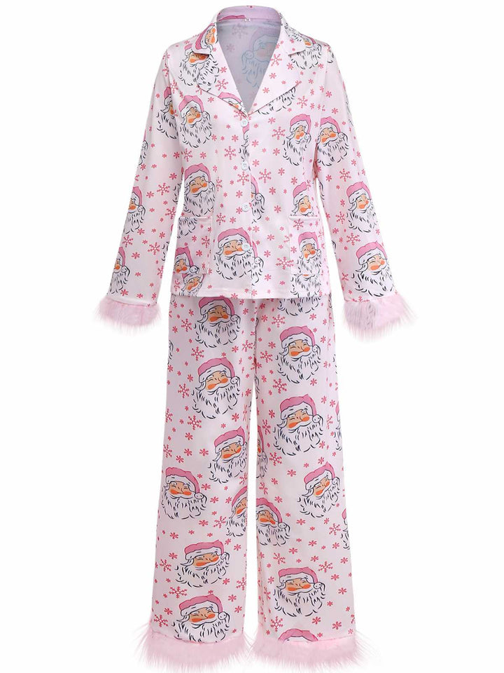 Pink Santa Print Fur Trim Pajama Set - vintage fashion, retro style