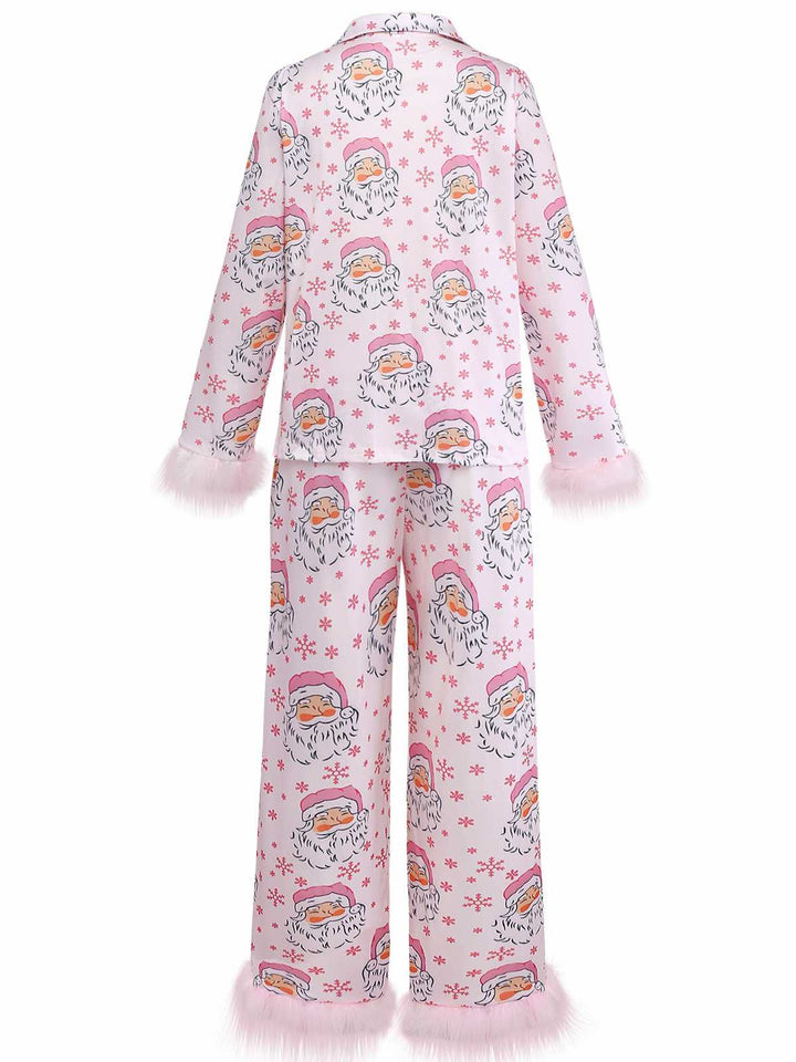 Pink Santa Print Fur Trim Pajama Set - vintage fashion, retro style