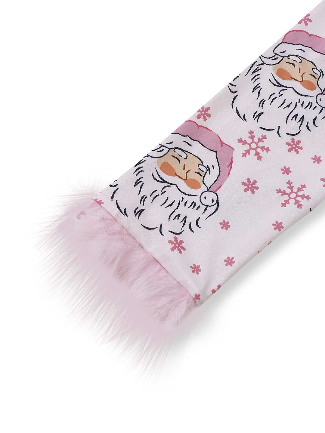 Pink Santa Print Fur Trim Pajama Set - vintage fashion, retro style