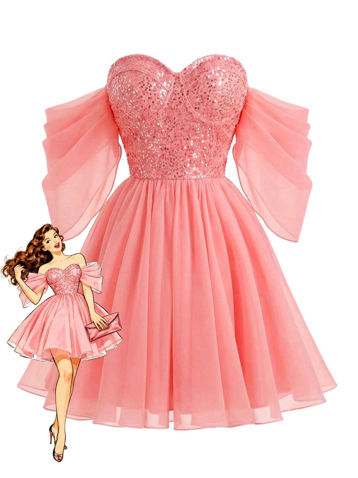 Pink 1950s Sequin Mesh Off-Shoulder Dress - vintage dress, retro fashion, rockabilly