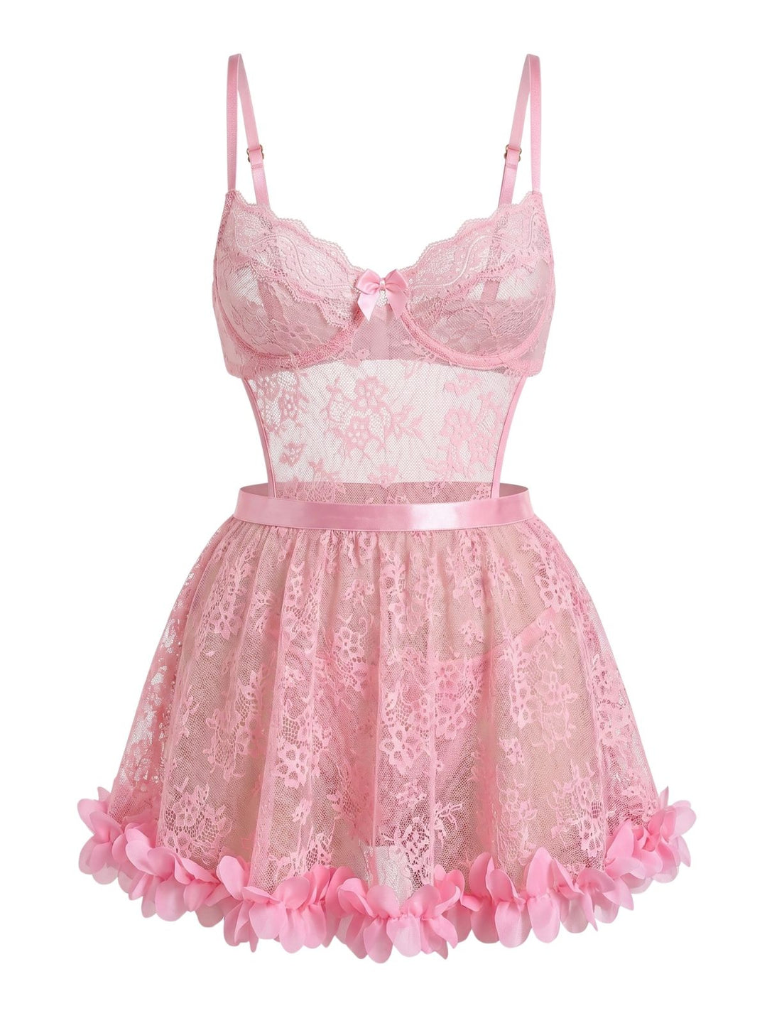 Pink--Sheer-Floral-Lace-3D-Petal-Babydoll-Lingerie, vintage, retro, floral print
