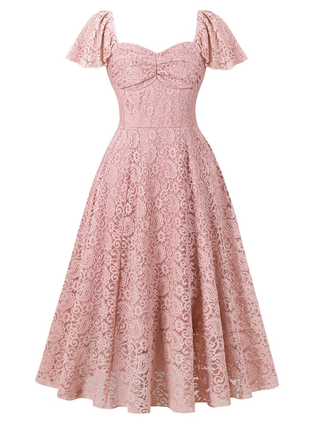 She slips into this Pink 1950s Solid Lace Heart Collar Dress and suddenly it&