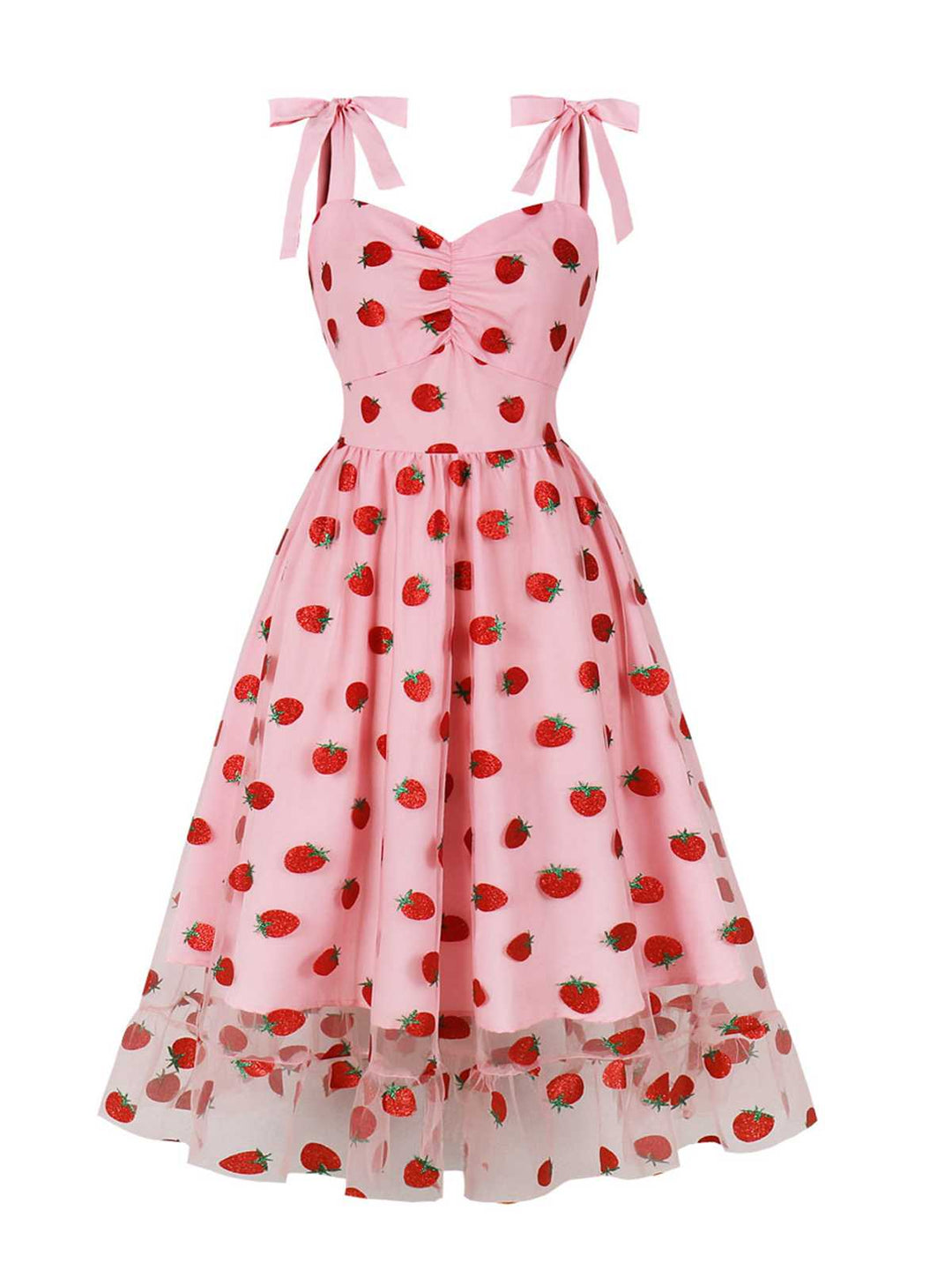 She slips into this Pink 1950s Spaghetti Strap Bow Strawberry Dress and suddenly it&
