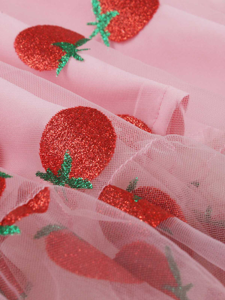 Pink 1950s Spaghetti Strap Bow Strawberry Dress — the kind of 1950s dress that makes strangers smile