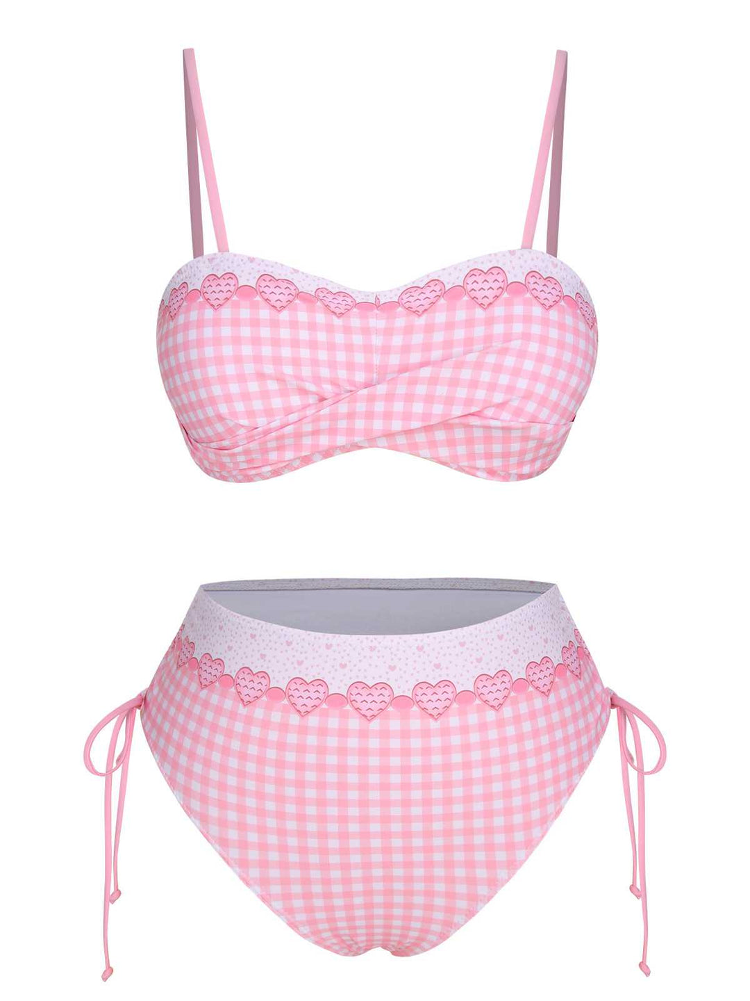 Pink 1950s Spaghetti Strap Heart Plaids Swimsuit: 1950s Riviera elegance, reimagined for her
