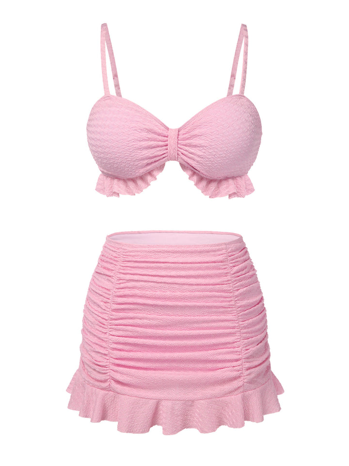 Pink 1950s Spaghetti Strap Ruffle Solid Swimsuit: 1950s Riviera elegance, reimagined for her