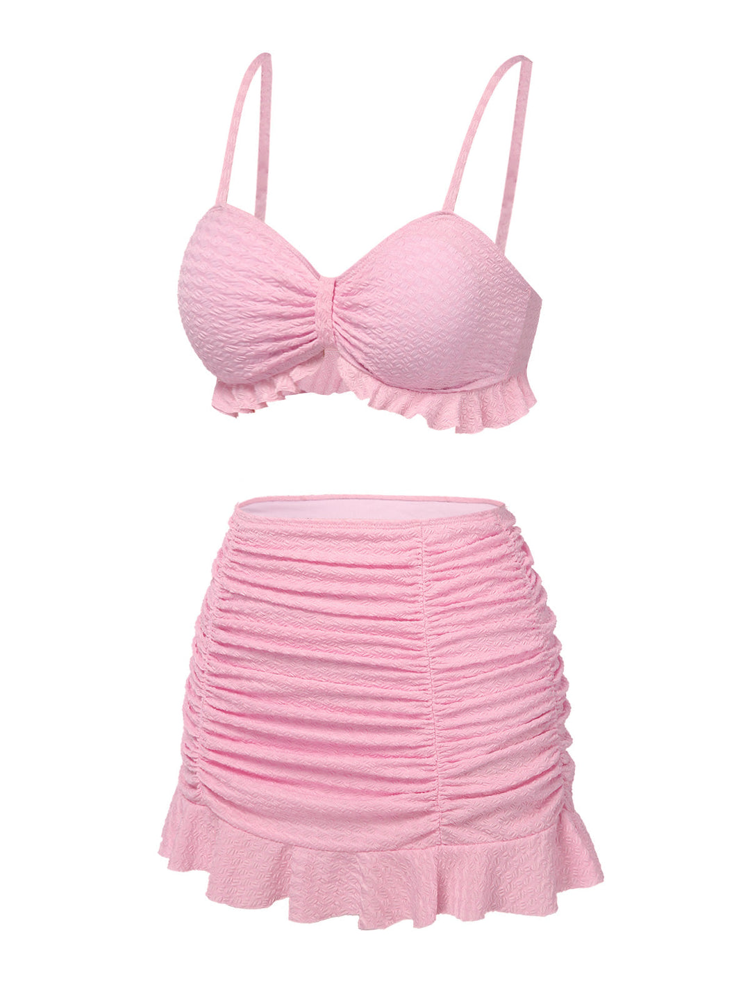This Pink 1950s Spaghetti Strap Ruffle Solid Swimsuit carries 1950s vacation dreams in every stitch