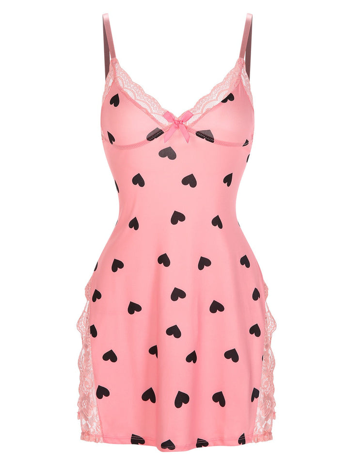 She slips into this Pink Spaghetti Straps Lace Hearts Nightgown and suddenly it&