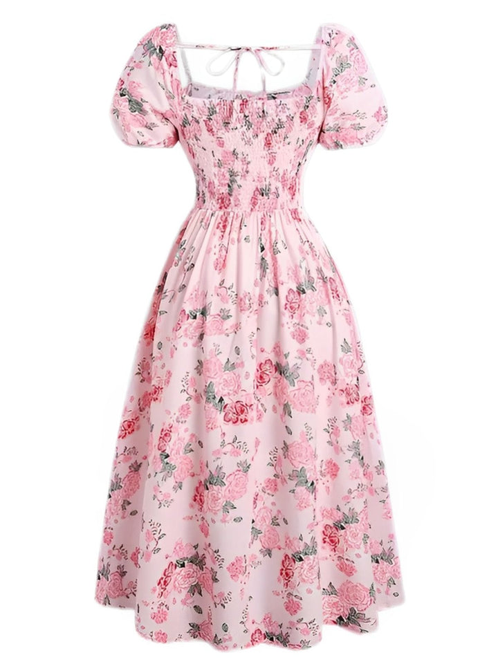 Pink 1950s Square Neck Floral Dress - vintage dress, retro fashion, rockabilly