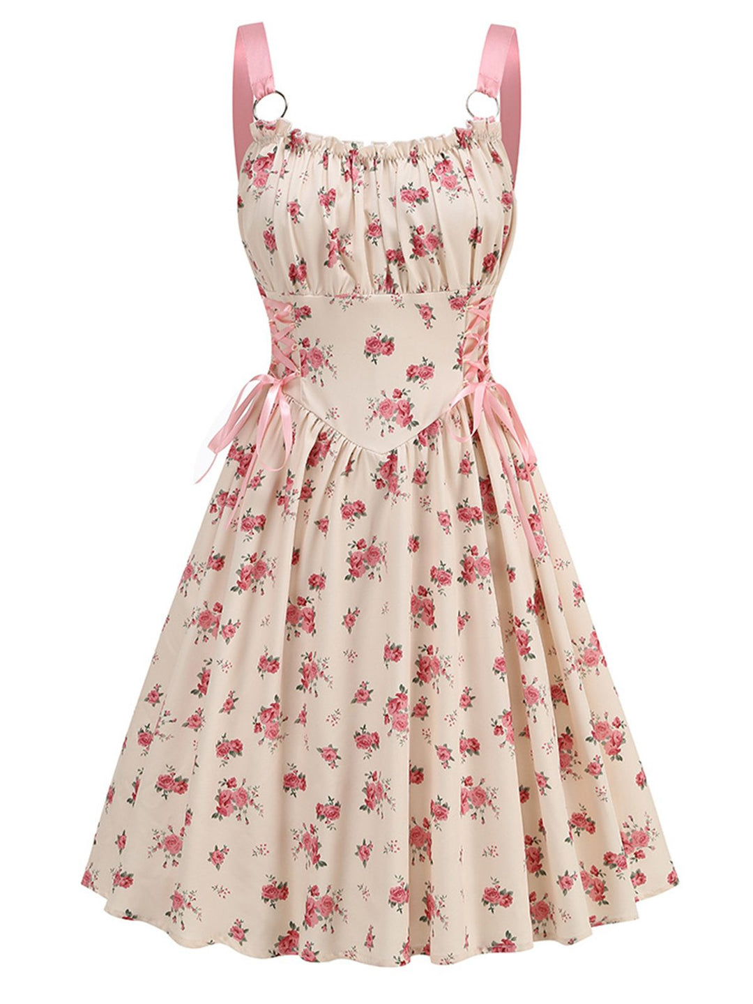 She slips into this Pink 1950s Strap Ditsy Floral Lace-Up A-Line Dress and suddenly it&