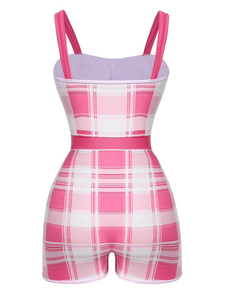 Pink 1950s Strap Plaids Bow One-Piece Swimsuit: 1950s Riviera elegance, reimagined for her