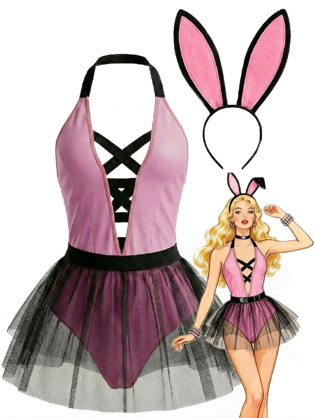 Pink Strappy Tulle Bunny Costume Set - vintage fashion, retro style