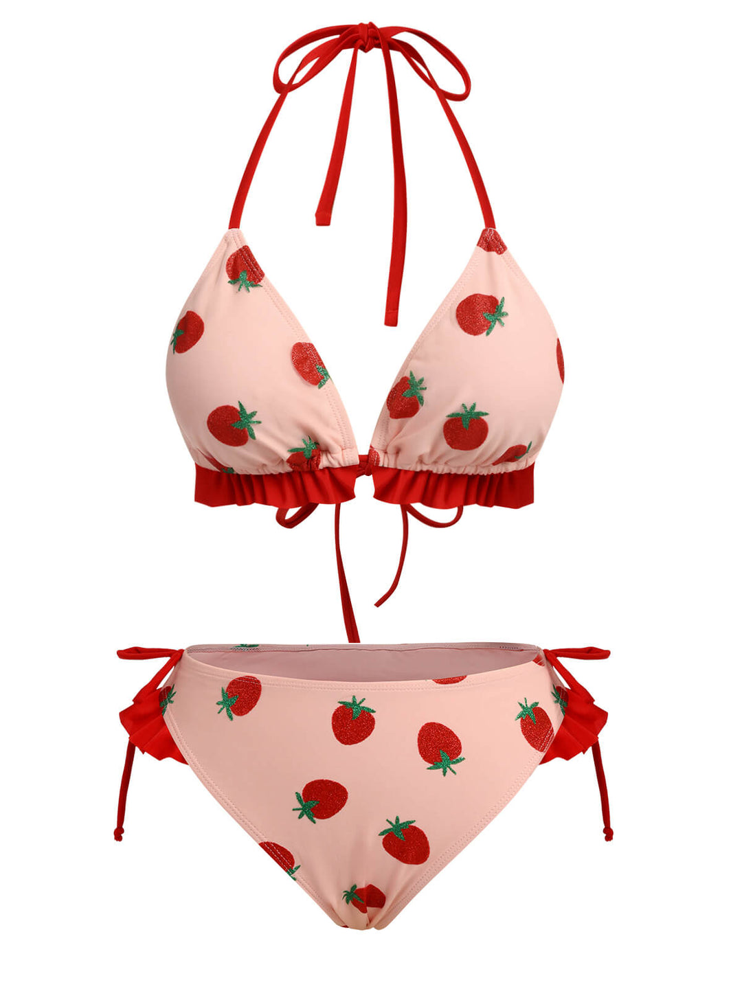 Pink 1950s Strawberry Lace-Up Halter Swimsuit, vintage swimsuit, pin-up swimwear - perfect for women who love vintage and retro fashion