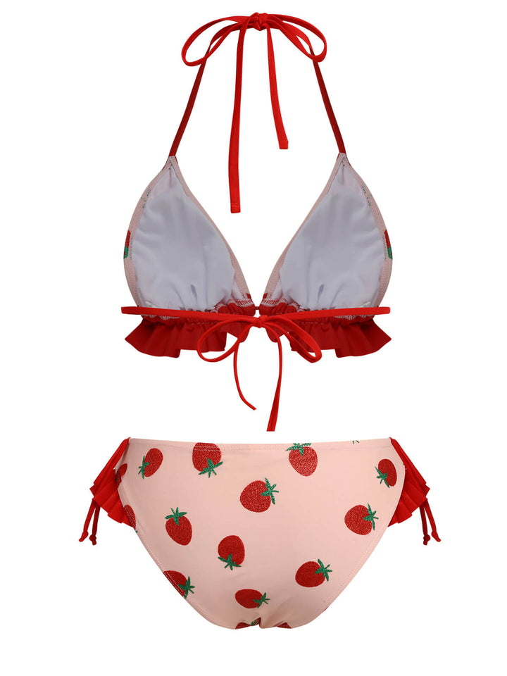 Pink 1950s Strawberry Lace-Up Halter Swimsuit, vintage swimsuit, pin-up swimwear - perfect for women who love vintage and retro fashion