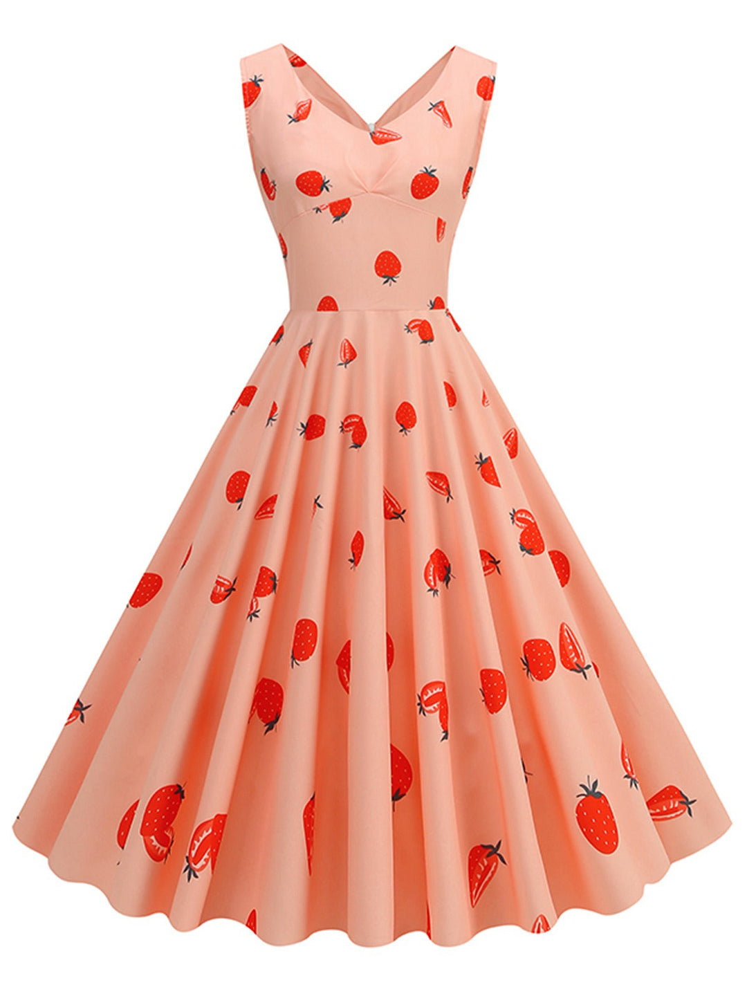 She slips into this Pink 1950s Strawberry Sleeveless Swing Dress and suddenly it&