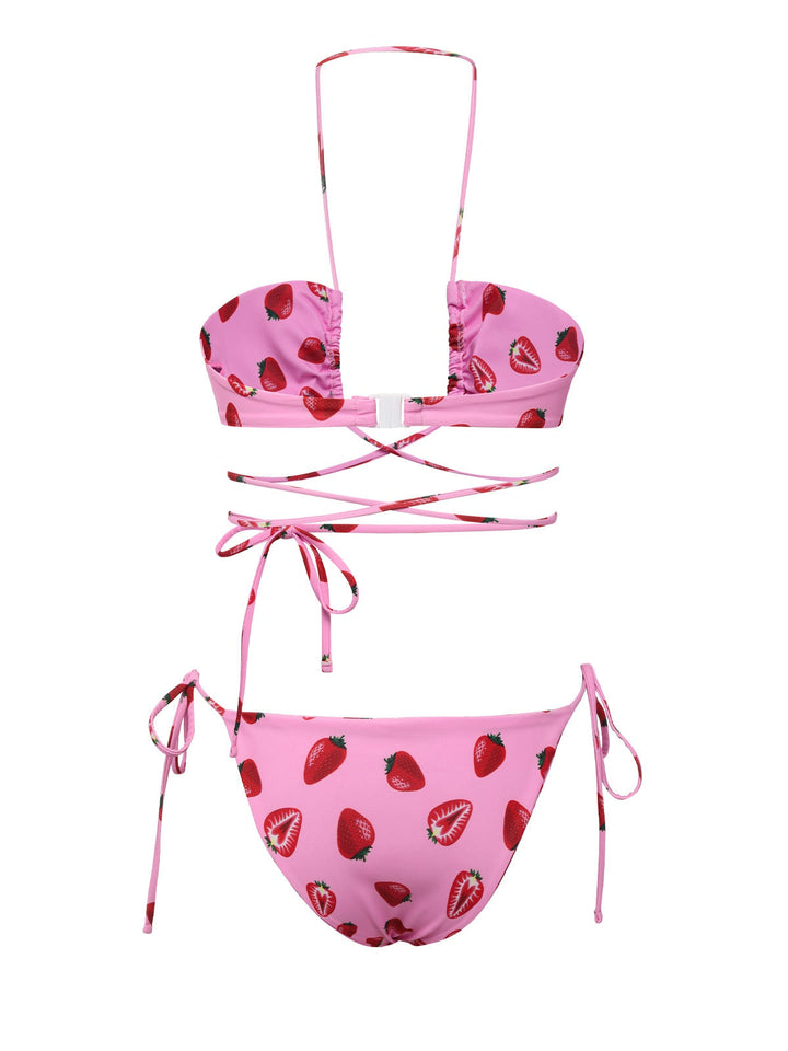 Pink 1950s Strawberry Waist Tie Halter Bikini Set, vintage swimsuit, pin-up swimwear - perfect for women who love vintage and retro fashion