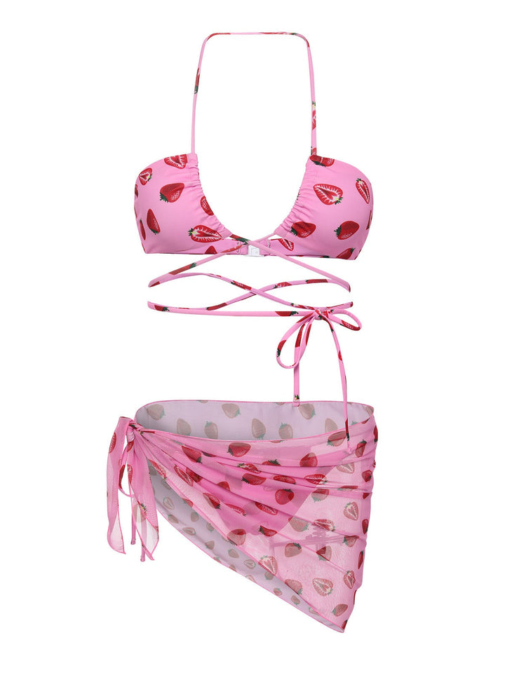Pink 1950s Strawberry Waist Tie Halter Bikini Set, vintage swimsuit, pin-up swimwear - perfect for women who love vintage and retro fashion