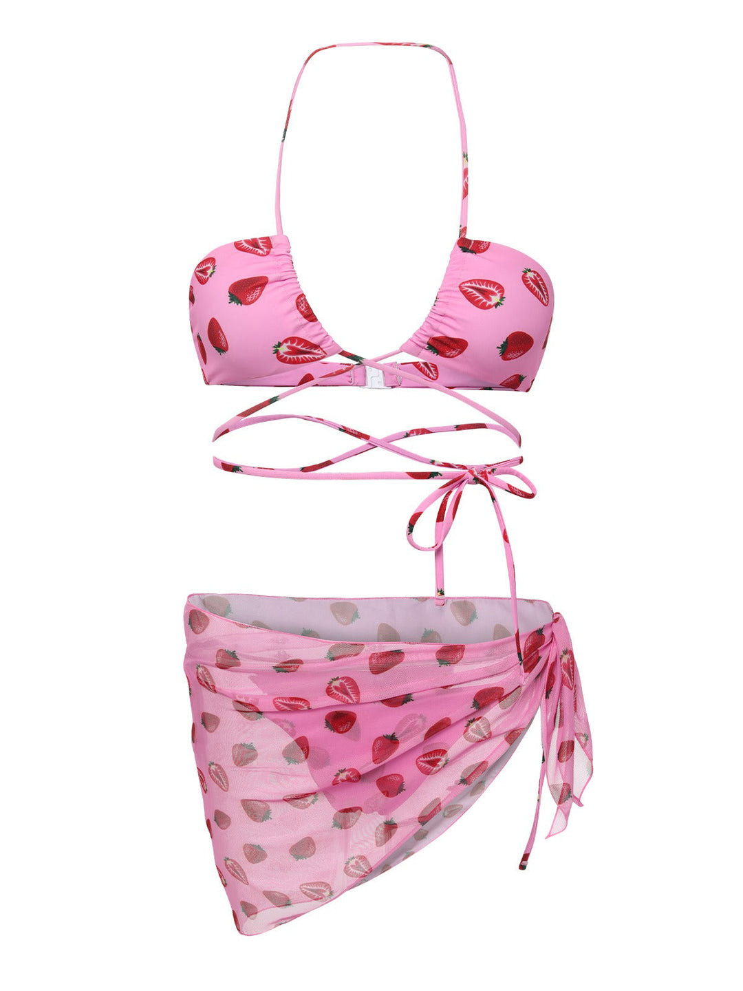 Pink 1950s Strawberry Waist Tie Halter Bikini Set, vintage swimsuit, pin-up swimwear - perfect for women who love vintage and retro fashion