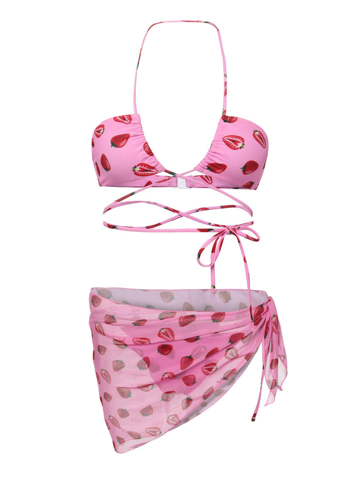 Pink 1950s Strawberry Waist Tie Halter Bikini Set, vintage swimsuit, pin-up swimwear - perfect for women who love vintage and retro fashion