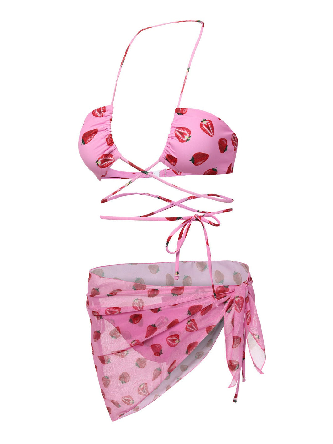 Pink 1950s Strawberry Waist Tie Halter Bikini Set, vintage swimsuit, pin-up swimwear - perfect for women who love vintage and retro fashion