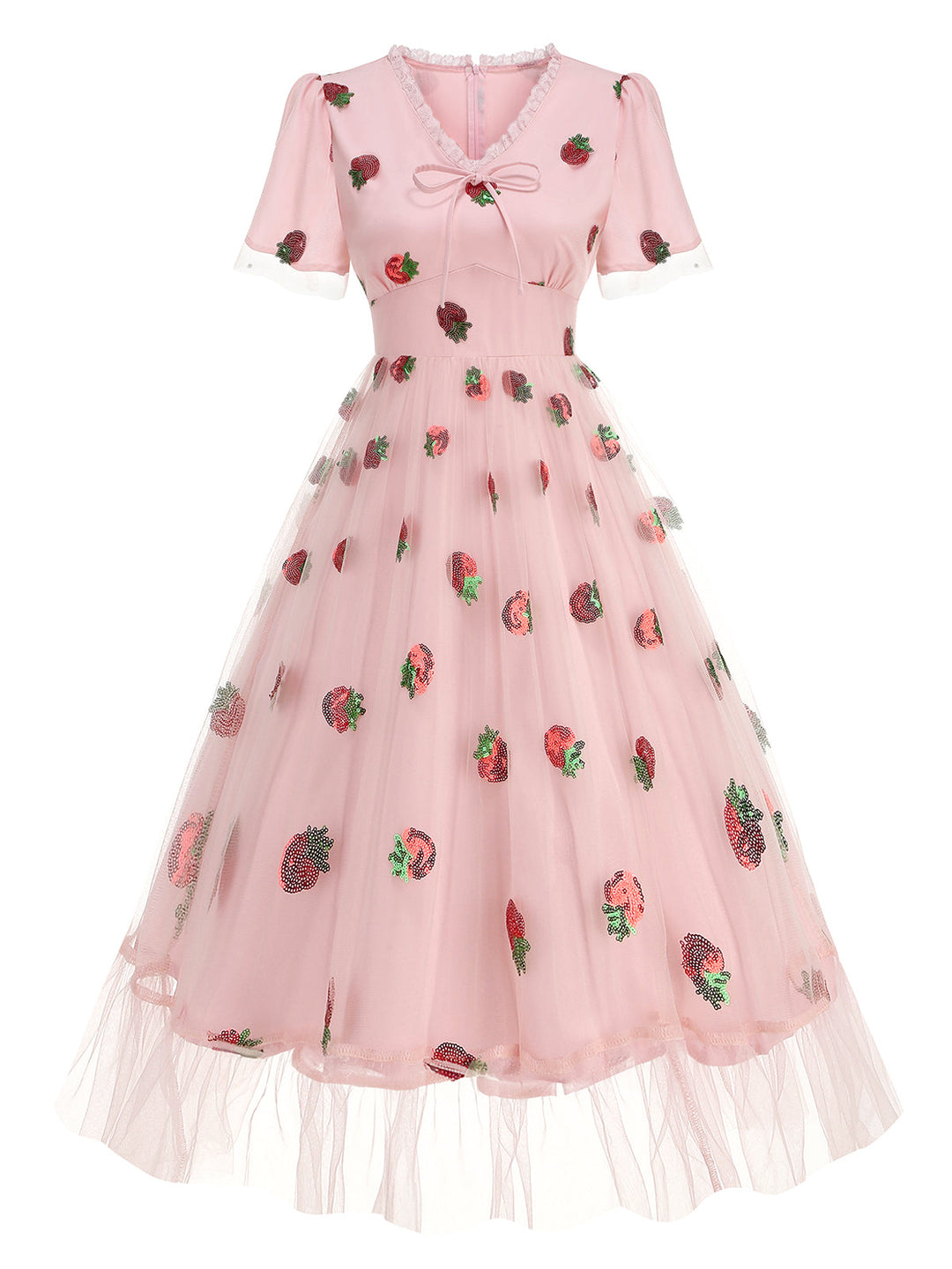 She slips into this Pink 1950s V-Neck Strawberry Mesh Swing Dress and suddenly it&