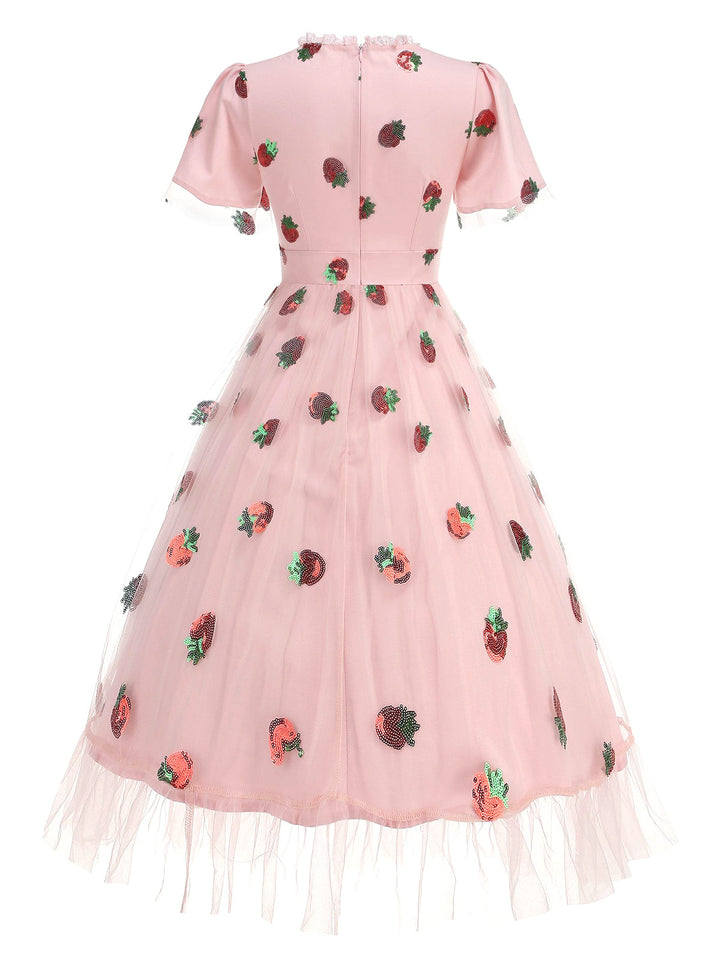 Pink 1950s V-Neck Strawberry Mesh Swing Dress: where 1950s romance meets her modern spirit