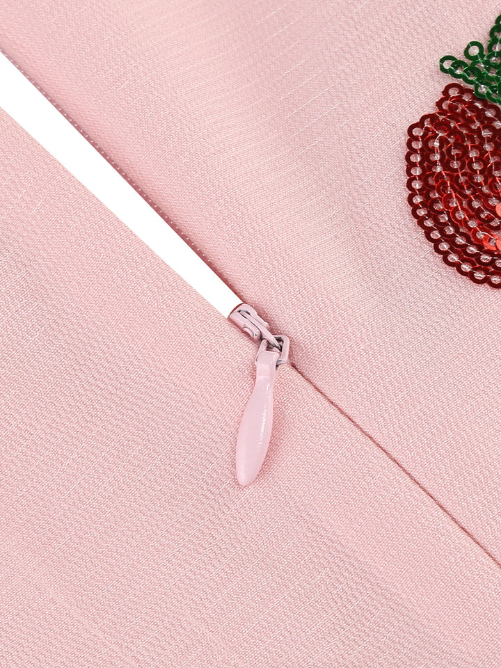 She slips into this Pink 1950s V-Neck Strawberry Mesh Swing Dress and suddenly it&