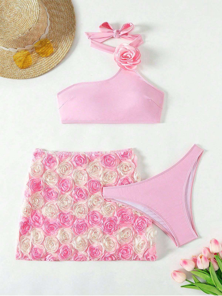 Pink 1960s 3D Roses Halter Bikini Set &amp; Cover-Up — because 1960s glamour never goes out of style