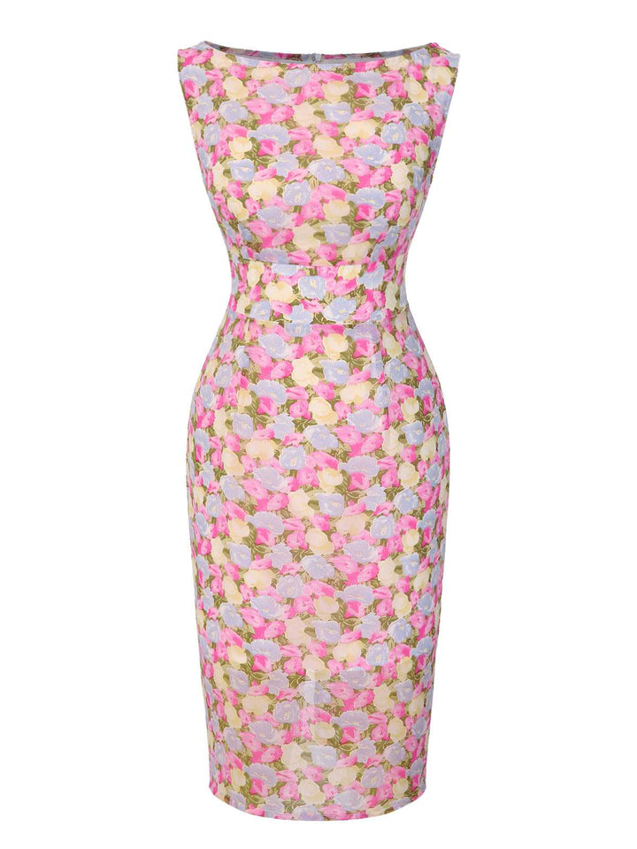 Pink 1960s Boat Neck Floral Bodycon Dress - vintage dress, retro fashion