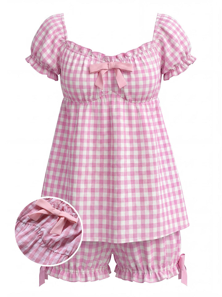 Pink Bow Gingham Ruffle Pajama Set - vintage fashion, retro style