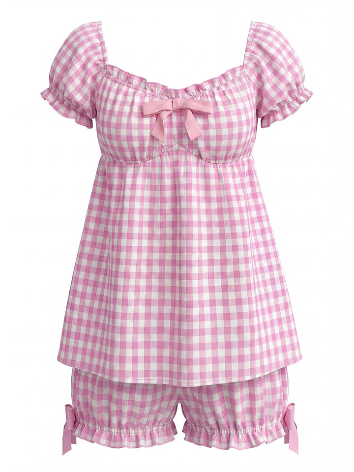 Pink Bow Gingham Ruffle Pajama Set - vintage fashion, retro style